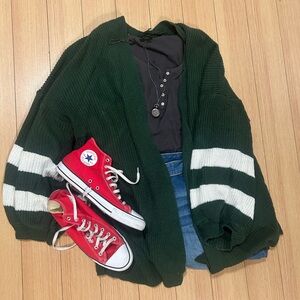 SHEIN Dark Green and White Striped Cardigan